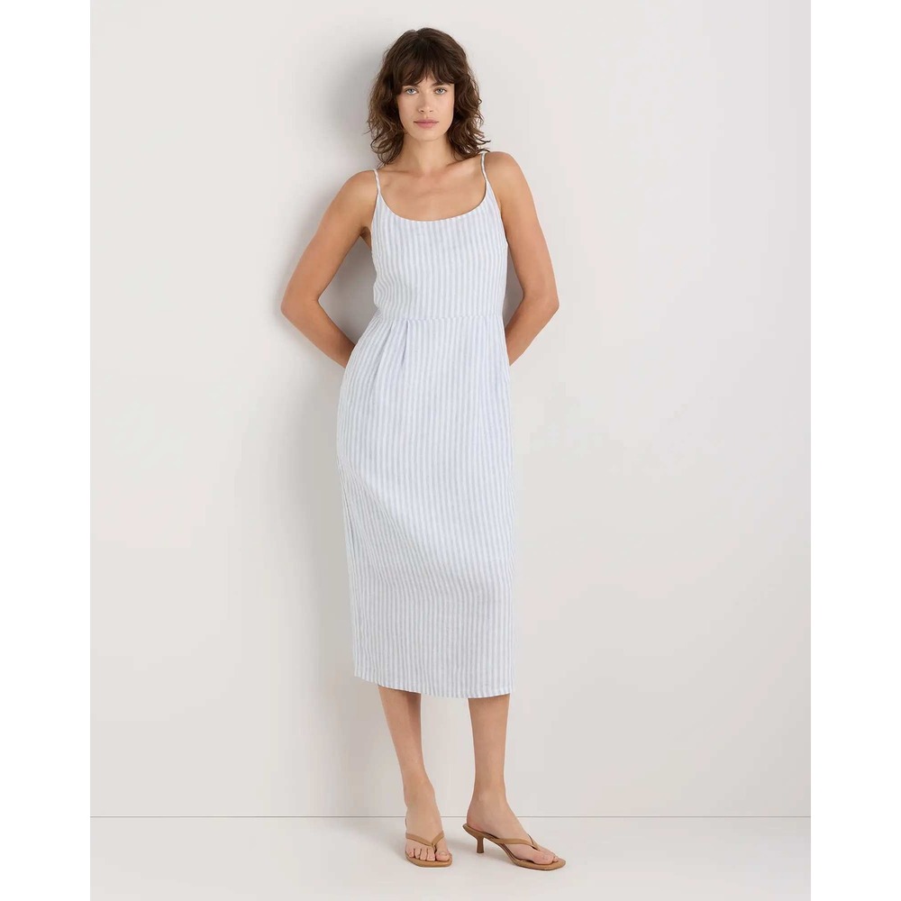 Quince European Linen Midi Dress Sky Blue Mariner Stripe NWT Small